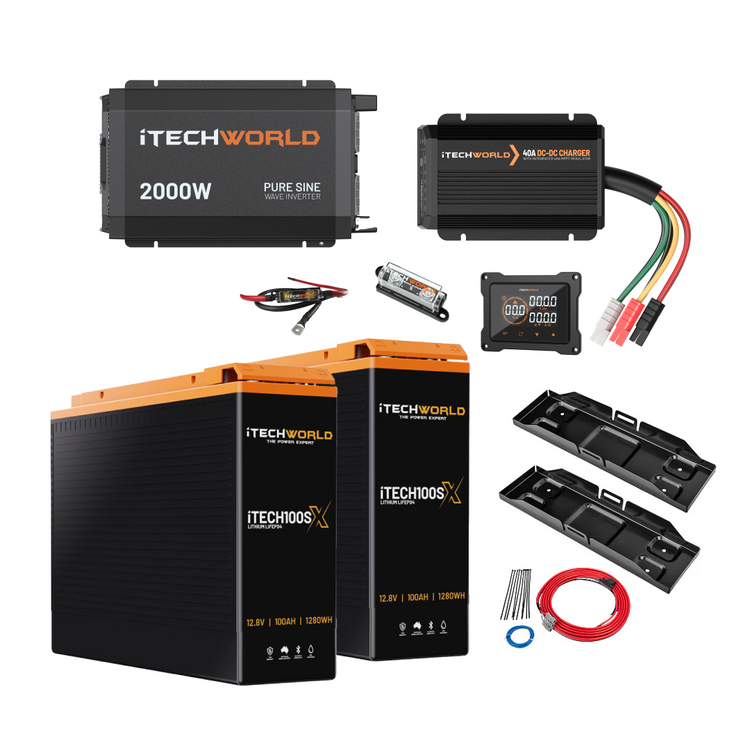 The iTechworld Complete Slimline 4WD Kit 200Ah includes two large lithium batteries, a 2000W inverter, DC-DC charger, wiring, circuit breaker, trays, and digital monitor—everything you need for your ultimate 4WD power system.