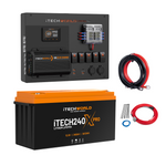 The iTechworld Control Hub Kit includes a 40A DCDC charger, lithium battery, black power management panel with digital display, red and black cables, and wiring accessories for a reliable 12V power system.