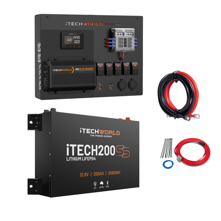The iTechworld Control Hub Kit includes a black power control panel, 40A DCDC charger, iTECH120X PRO 12V LiFePO4 battery, electrical cables, and connectors—everything you need for a complete 12V power system.