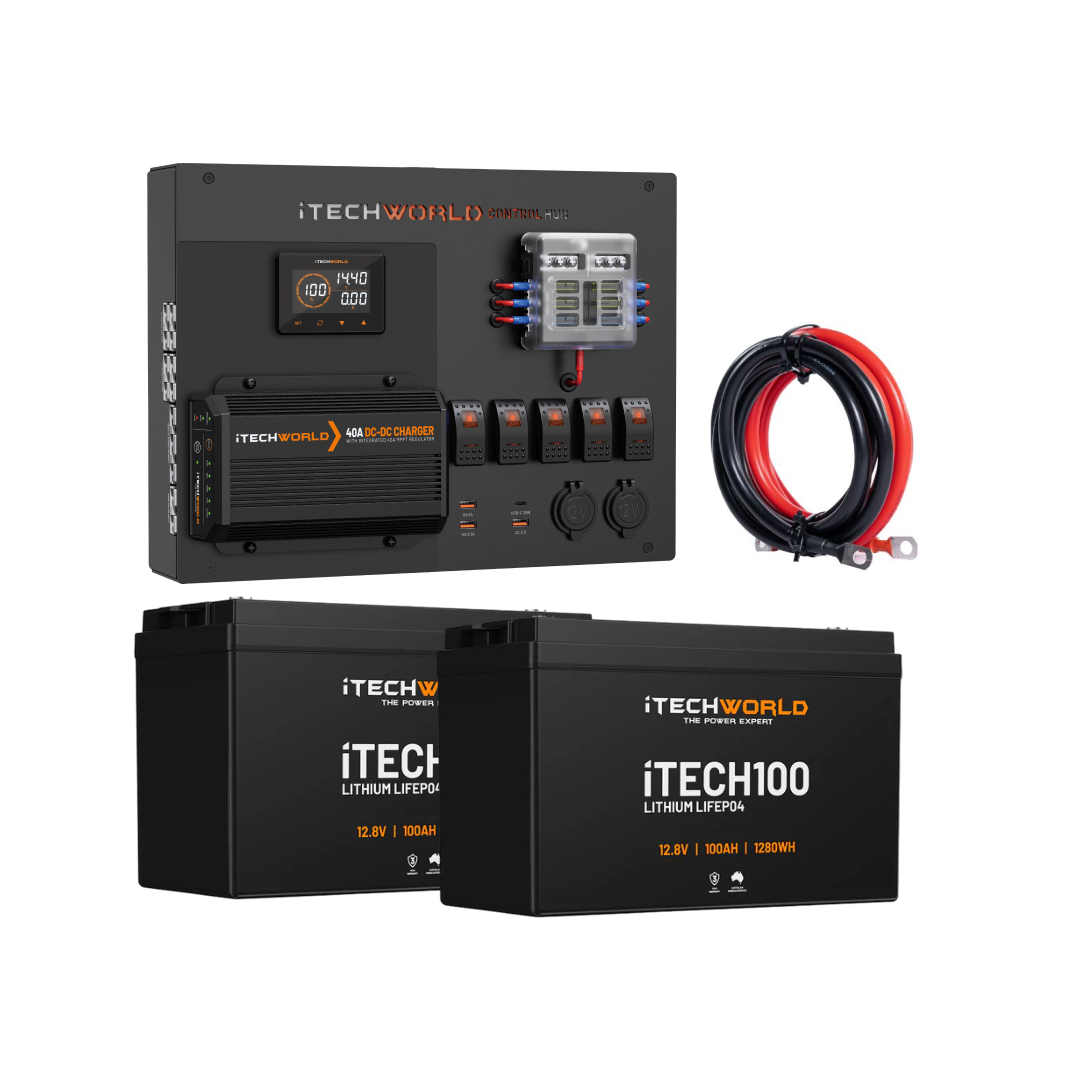 The iTechworld 200Ah Control Hub Kit includes a control panel, battery charger, cables, and two iTECH100Ah lithium batteries by iTechworld, all shown on a white background.