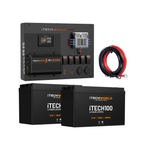 The iTechworld 200Ah Control Hub Kit includes a control panel, battery charger, cables, and two iTECH100Ah lithium batteries by iTechworld, all shown on a white background.