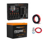 Image displays iTechworld's iTECH120X & Control Hub with iTECHDCDC40/25 | Lithium 4WD Kit | 105Ah—features black hub with switches, orange/black lithium battery, and red/black cables—ideal for 12V or dual battery setups.