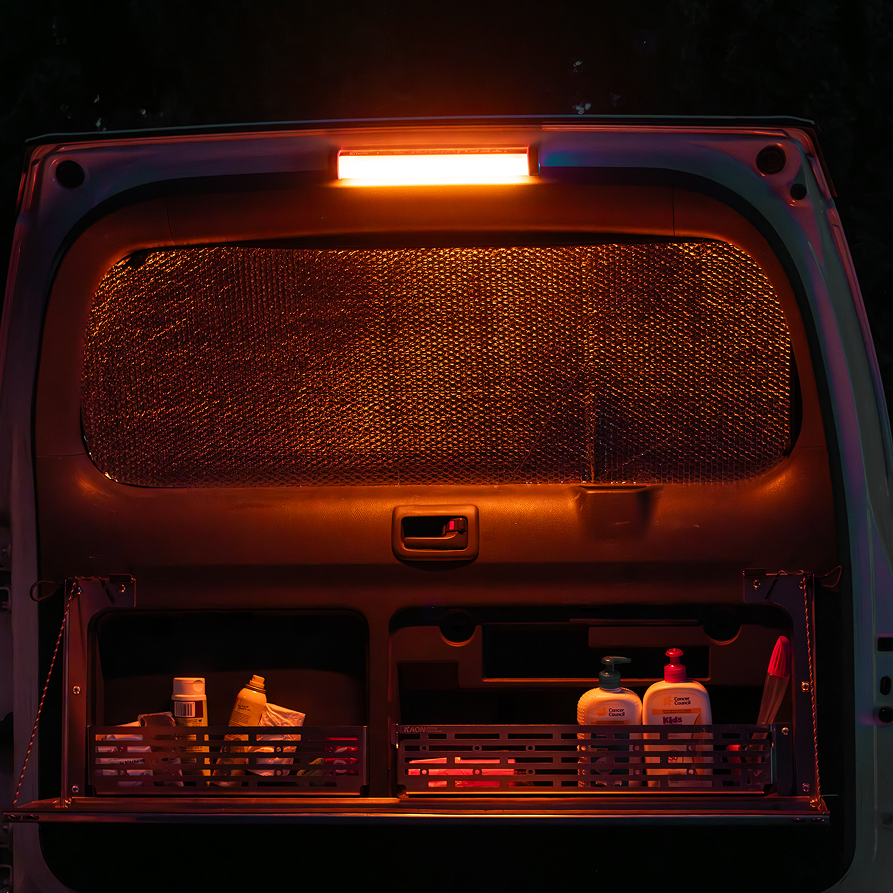 The open back door of a van is lit by an iTechworld Magnetic LED Strip Light (300LM), revealing two shelves with bottles of lotion, paper cups, a spray bottle, and napkins. A metallic screen covers the window.