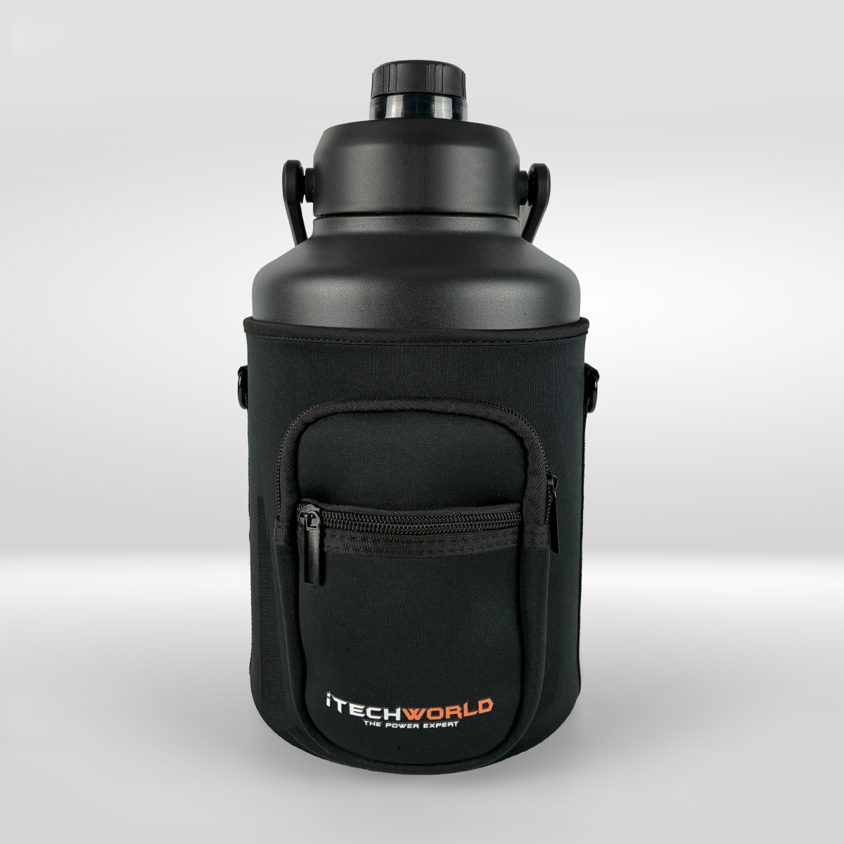 The iTechworld 3.8L Water Bottle is a large black, vacuum-sealed bottle with a screw-top lid, stored in a black holder with a front zippered pocket. Durable and leak-proof, it features the white and orange iTechworld logo at the bottom.