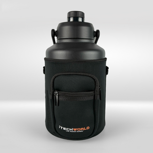 The iTechworld 3.8L Water Bottle is a large black, vacuum-sealed bottle with a screw-top lid, stored in a black holder with a front zippered pocket. Durable and leak-proof, it features the white and orange iTechworld logo at the bottom.
