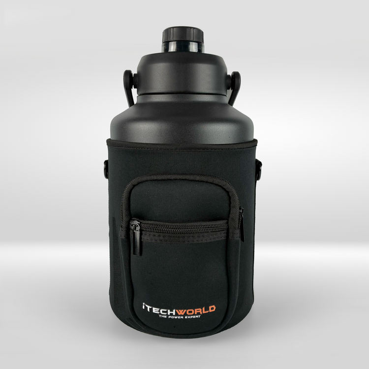 The iTechworld 3.8L Water Bottle is a large black, vacuum-sealed bottle with a screw-top lid, stored in a black holder with a front zippered pocket. Durable and leak-proof, it features the white and orange iTechworld logo at the bottom.