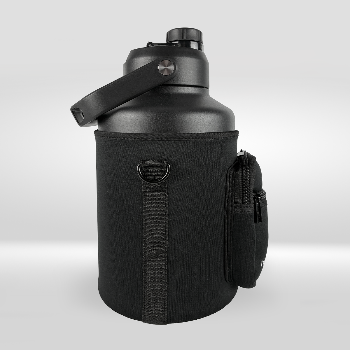 The iTechworld 3.8L Water Bottle is a large black, vacuum-sealed bottle with a screw-on lid, carrying handle, neoprene sleeve, leak-proof design, strap, metal ring, and side zippered pouch for convenience.