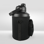 The iTechworld 3.8L Water Bottle is a large black, vacuum-sealed bottle with a screw-on lid, carrying handle, neoprene sleeve, leak-proof design, strap, metal ring, and side zippered pouch for convenience.