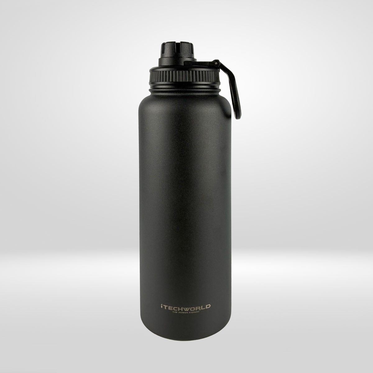 The iTechworld 1.2L Water Bottle, a black stainless steel double-wall vacuum bottle with screw-on lid and handle, features the gold iTechworld logo near the base and keeps drinks hot or cold for hours on a light gray background.