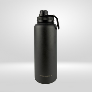 The iTechworld 1.2L Water Bottle, a black stainless steel double-wall vacuum bottle with screw-on lid and handle, features the gold iTechworld logo near the base and keeps drinks hot or cold for hours on a light gray background.