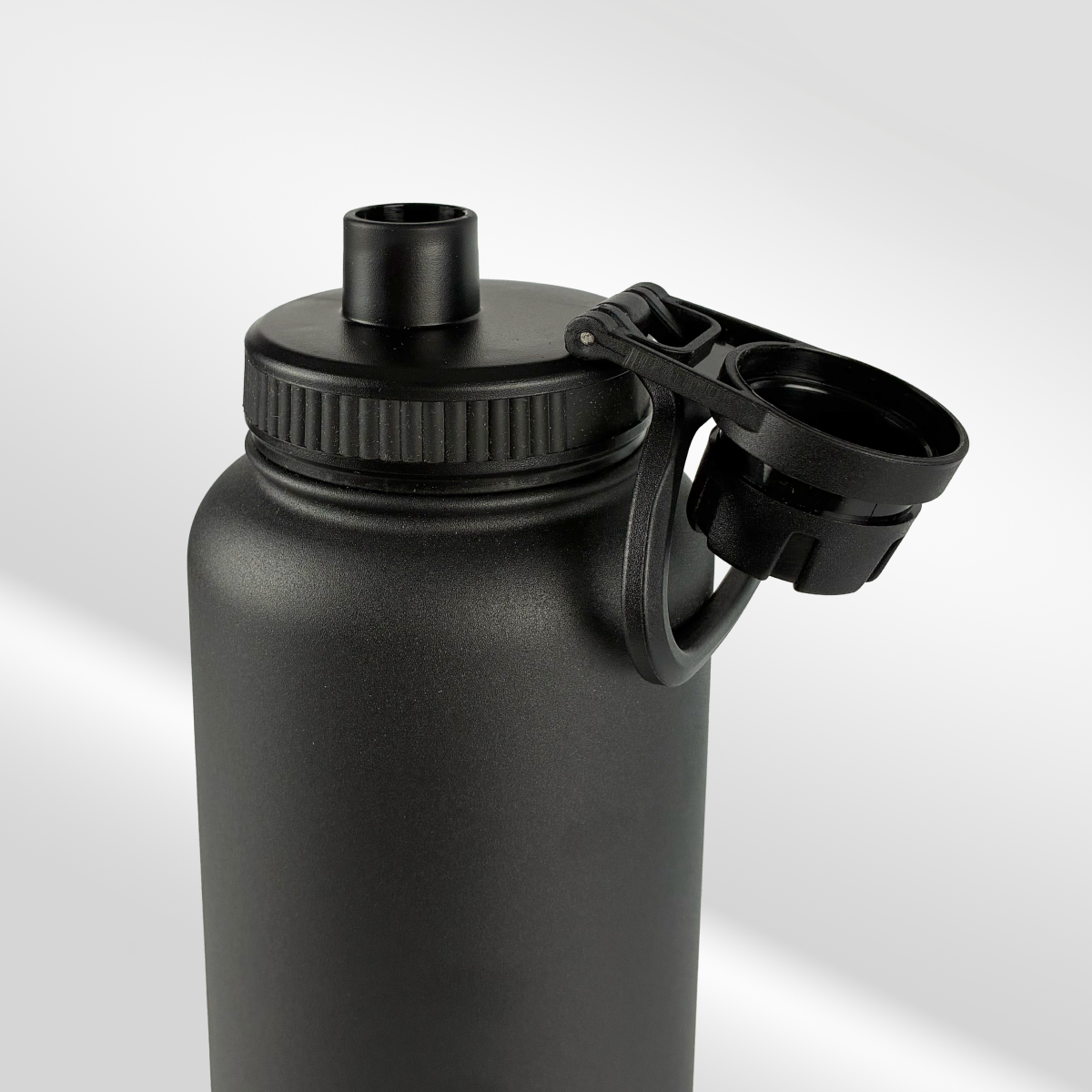 The iTechworld 1.2L Water Bottle, a matte black stainless steel double-wall vacuum bottle with a screw-on lid and attached flip-up cap, is shown against a light gray background.