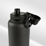 The iTechworld | 1.2L Water Bottle by iTechworld, featuring matte black stainless steel, a wide mouth, and a hinged open cap, is displayed against a light gray background.