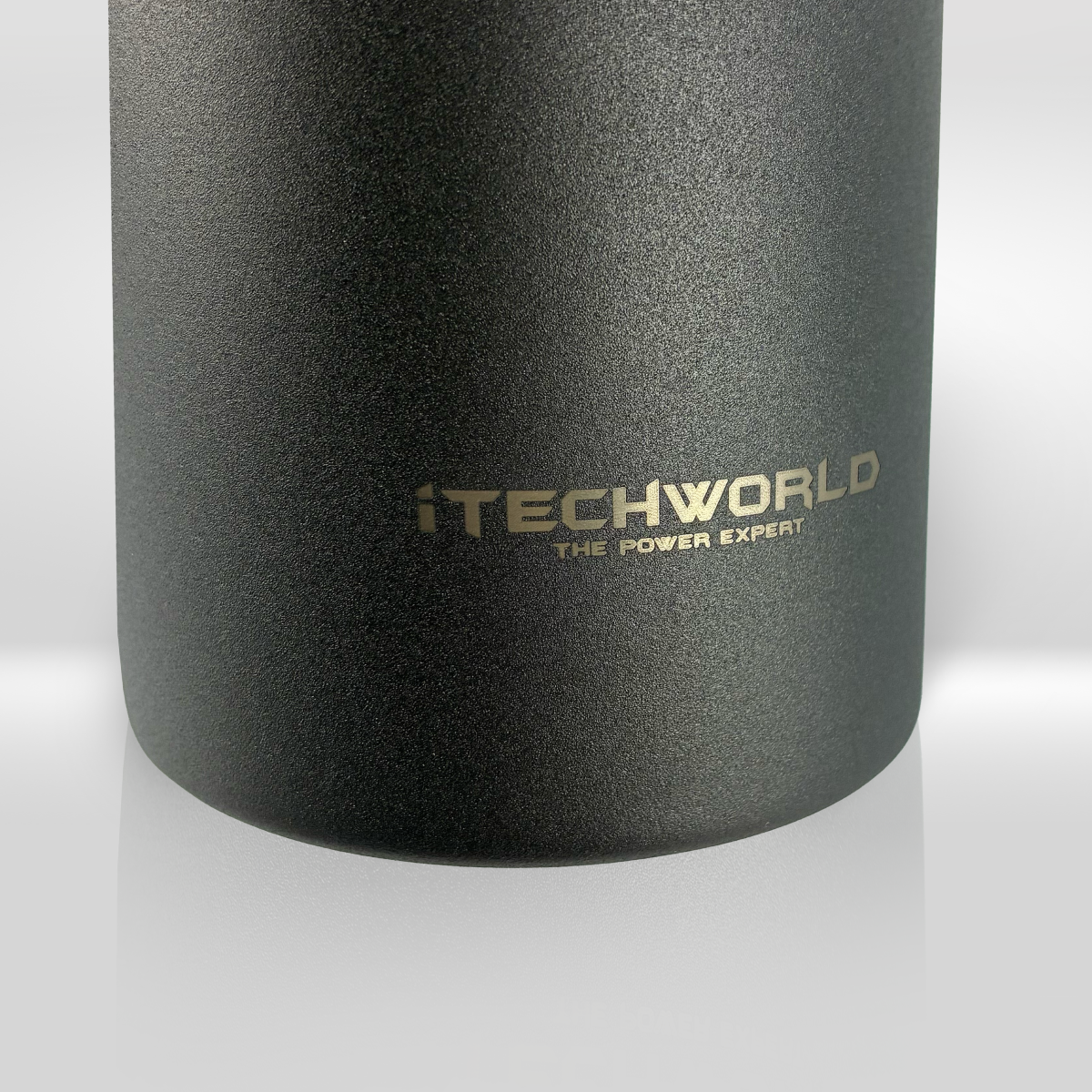 A close-up of the iTechworld 1.2L Water Bottle, a matte black stainless steel bottle with gold “ITECHWORLD THE POWER EXPERT” text, shown against a plain white background.