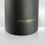 Close-up of the iTechworld | 1.2L Water Bottle in matte black stainless steel with gold "iTECHWORLD THE POWER EXPERT" text, featuring a leak-proof design against a light grey background.