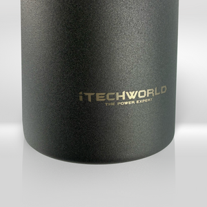 A close-up of the iTechworld 1.2L Water Bottle, a matte black stainless steel bottle with gold “ITECHWORLD THE POWER EXPERT” text, shown against a plain white background.