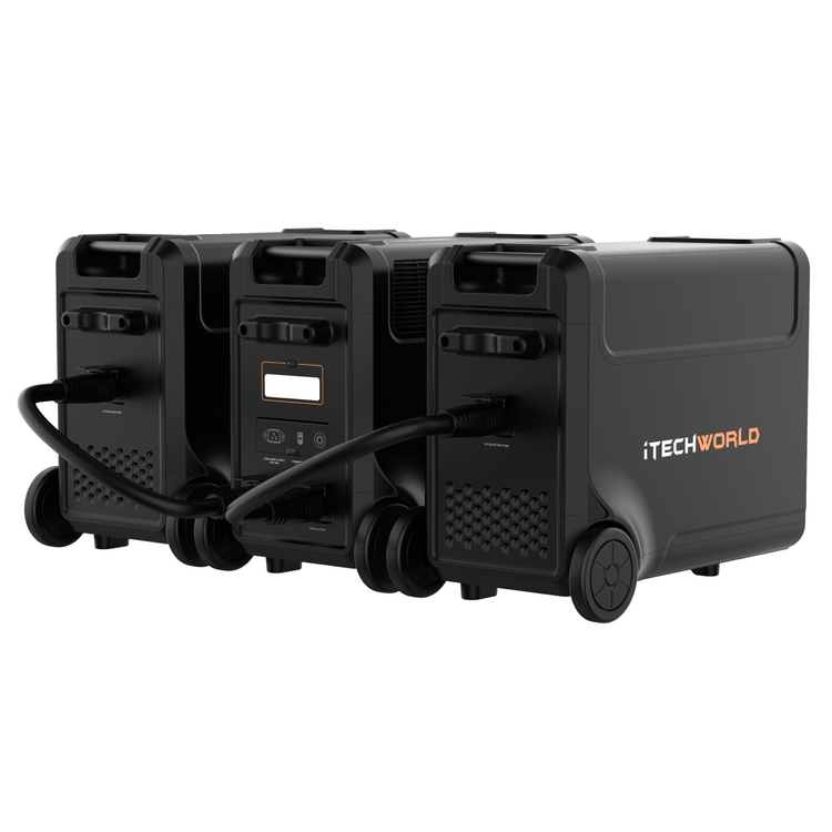 Three iTechworld PS3600 Portable Lithium Power Stations with EB3840 Expansion Battery Kits are linked by cables. Each unit features a LiFePO4 battery, control panel, wheels, and handles—perfect for convenient home backup power.