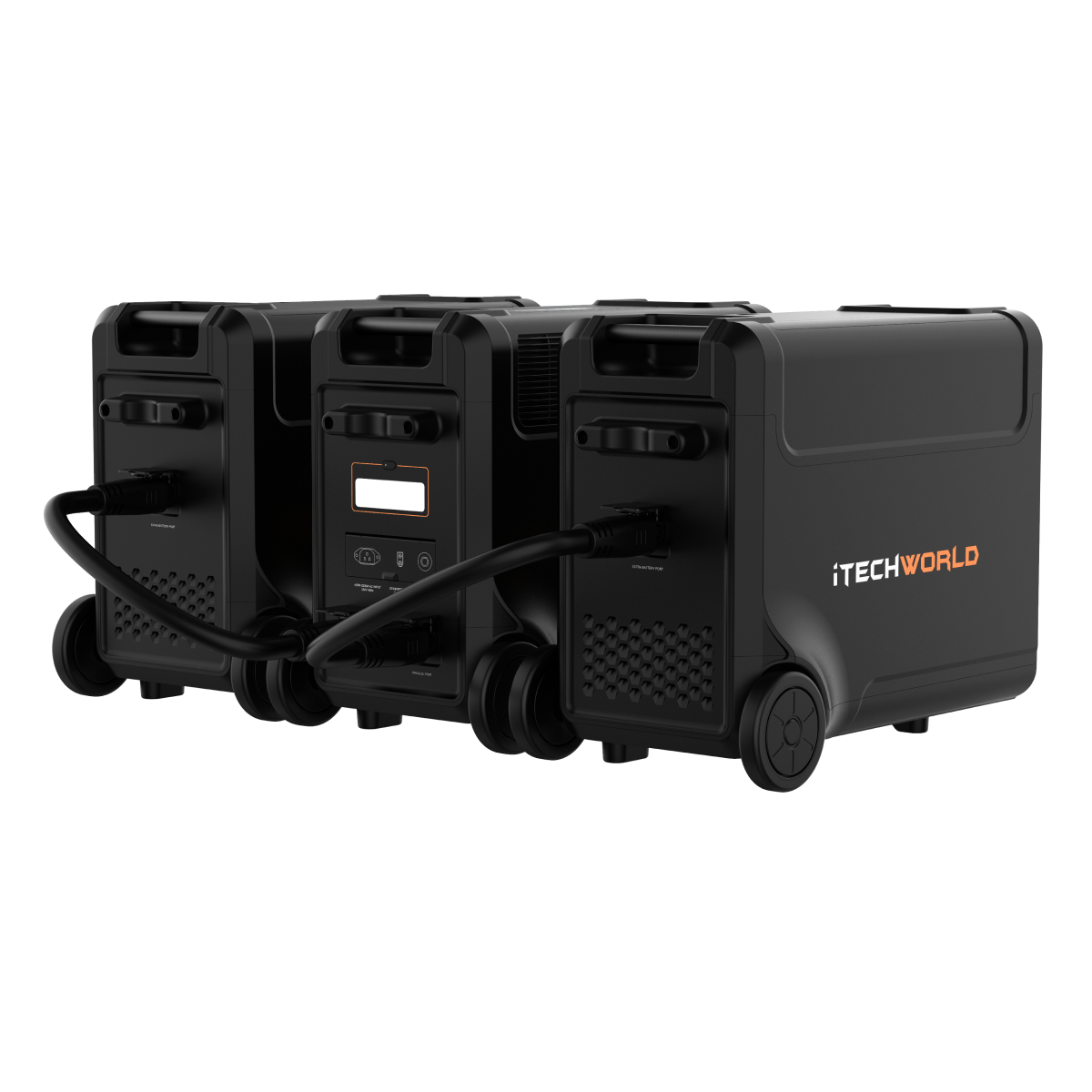 Three iTechworld PS3600 Portable Lithium Power Stations with EB3840 Expansion Battery Kits are lined up side by side, connected by power cables. The unit on the right shows the iTechworld logo in orange and white.