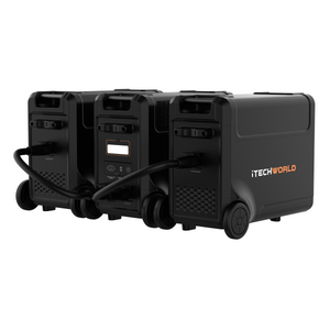 Three iTechworld PS3600 Portable Lithium Power Stations with EB3840 Expansion Battery Kits are lined up side by side, connected by power cables. The unit on the right shows the iTechworld logo in orange and white.