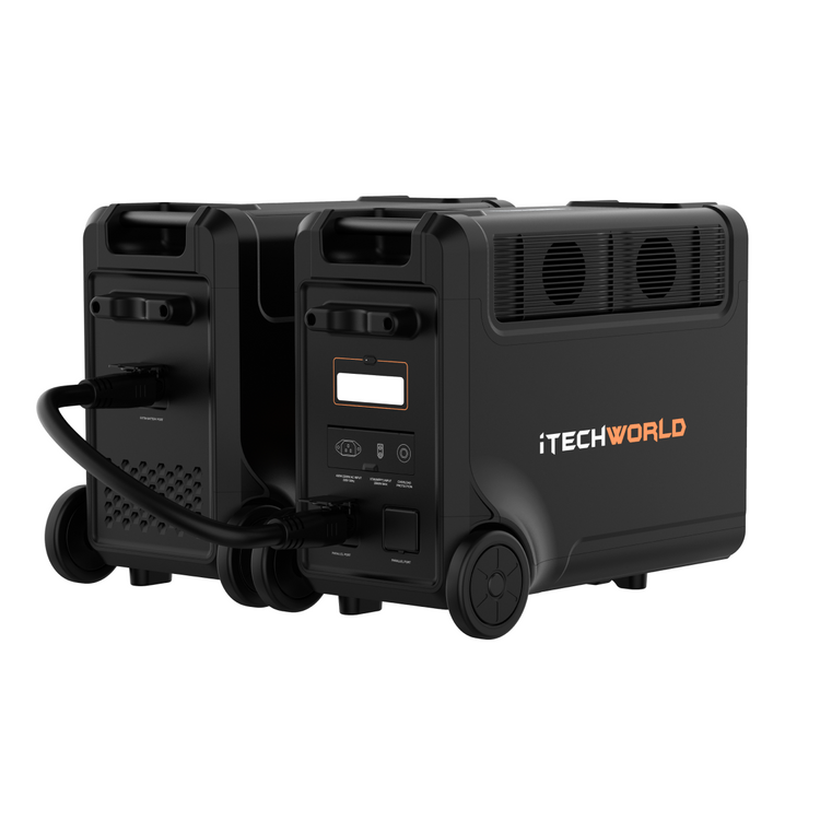 Two black ITECHWORLD PS3600 portable lithium power stations with wheels and handles, connected by cable. Includes the EB3840 Expansion Battery Kit, offering reliable home backup power with long-lasting LiFePO4 battery tech.