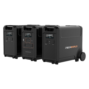 Three black iTechworld PS3600 Portable Lithium Power Stations with EB3840 Expansion Battery Kits are side by side, featuring LiFePO4 batteries, multiple ports, control panels, top handles, and wheels—ideal for reliable home backup power.