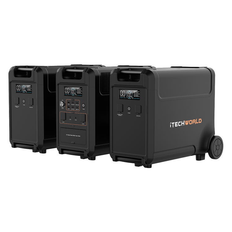 Three black iTechworld PS3600 Portable Lithium Power Stations with EB3840 Expansion Battery Kits are side by side, featuring LiFePO4 batteries, multiple ports, control panels, top handles, and wheels—ideal for reliable home backup power.