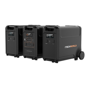 Three iTechworld PS3600 portable lithium power stations with the EB3840 Expansion Battery Kit are shown from different angles, featuring wheels, handles, input/output ports, a digital display, and visible iTechworld branding.