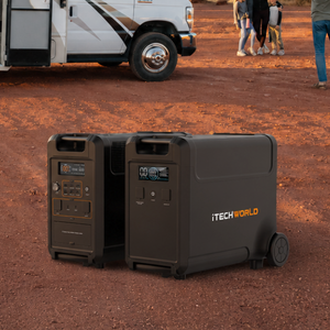 Two iTechworld PS3600 Portable Lithium Power Stations with EB3840 Expansion Battery Kits sit on red dirt near an RV, with people and a dog in the background, evoking an outdoor adventure or camping scene.