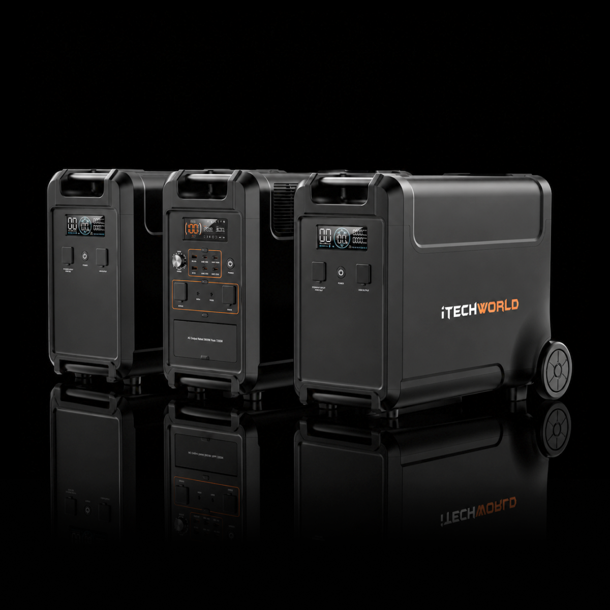 Three black iTechworld PS3600 portable lithium power stations with EB3840 Expansion Battery Kits are shown against a black background, featuring LiFePO4 battery tech. One wheeled unit offers convenient home backup and easy transport.