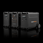 Three black iTechworld PS3600 portable lithium power stations with EB3840 Expansion Battery Kits are shown against a black background, featuring LiFePO4 battery tech. One wheeled unit offers convenient home backup and easy transport.