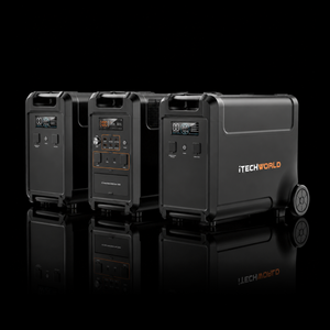 Three black iTechworld PS3600 portable lithium power stations with EB3840 Expansion Battery Kits are shown against a black background, featuring LiFePO4 battery tech. One wheeled unit offers convenient home backup and easy transport.