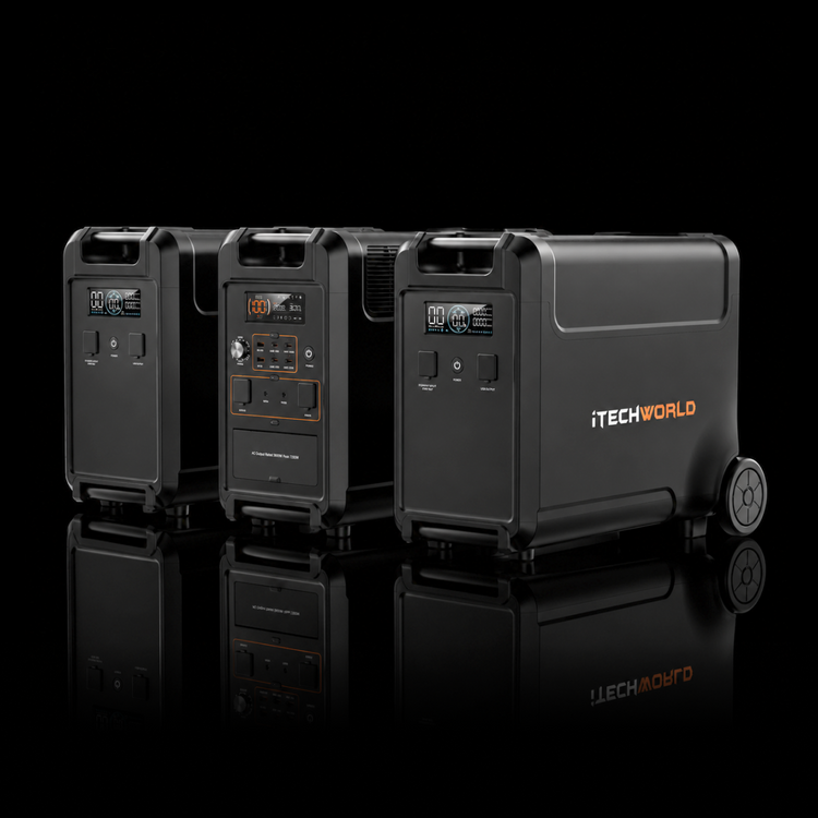 Three black iTechworld PS3600 portable lithium power stations with EB3840 Expansion Battery Kits are shown against a black background, featuring LiFePO4 battery tech. One wheeled unit offers convenient home backup and easy transport.