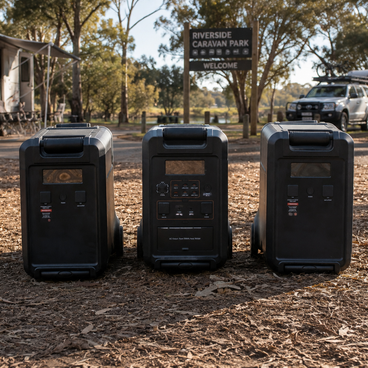 Three iTechworld PS3600 Portable Lithium Power Stations with EB3840 Expansion Battery Kits are placed outdoors near trees, a car, and a Riverside Caravan Park sign—ideal for home backup or camping adventures.