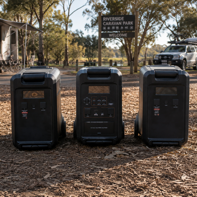 Three iTechworld PS3600 Portable Lithium Power Stations with EB3840 Expansion Battery Kits are placed outdoors near trees, a car, and a Riverside Caravan Park sign—ideal for home backup or camping adventures.