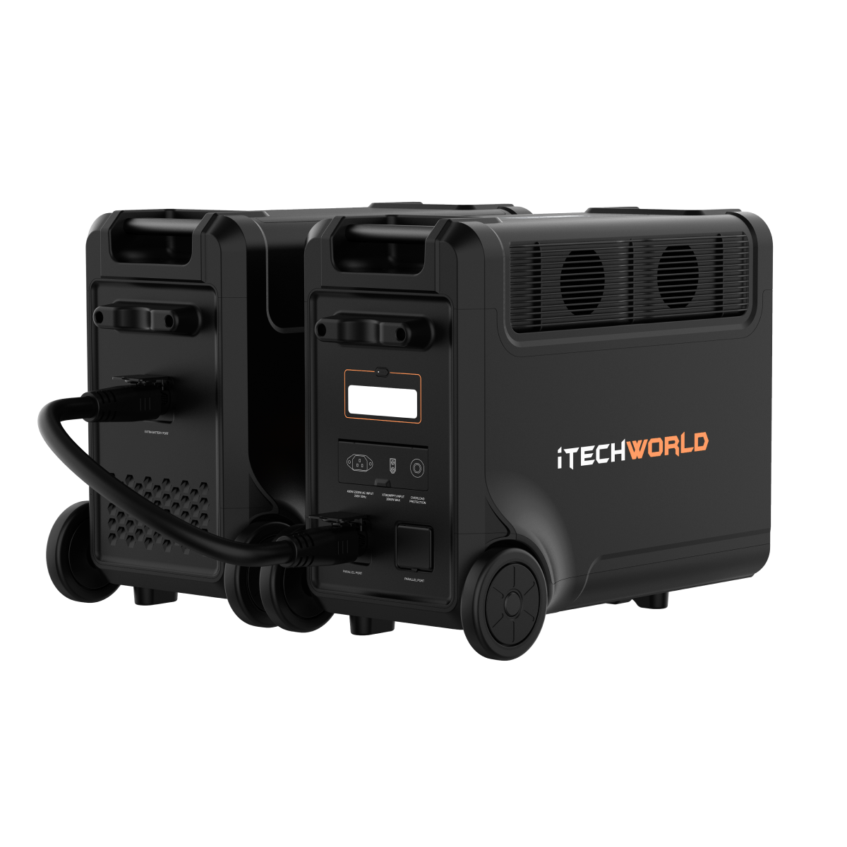 Two black iTechworld PS3600 Portable Lithium Power Stations with EB3840 Expansion Battery Kit, shown with handles, wheels, vents, and ports. Linked by a cable for home backup power; one features the iTechworld logo in orange and white.