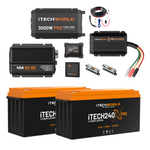 The Elite | Lithium Caravan Kit | 480Ah includes two lithium batteries, a 3000W inverter, a 40A AC-DC charger, cables, connectors, and accessories—ideal for your next caravan power setup. All items are arranged on a white background.