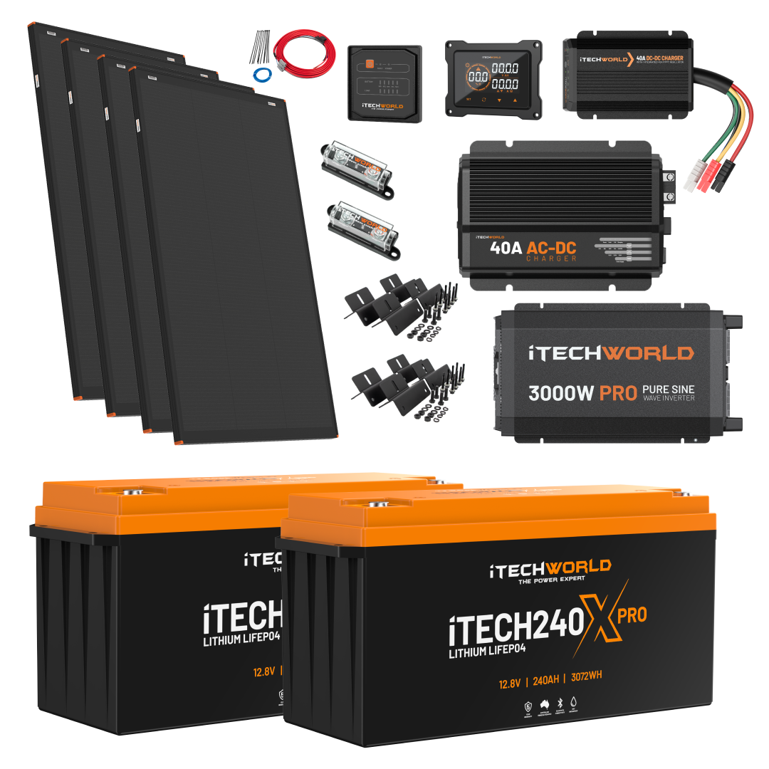 The Elite | Lithium Caravan Kit | 480Ah is a complete caravan power solution, including solar panels, lithium batteries, inverter, charge controller, cables, fuses, connectors, brackets, and monitoring equipment in one package.