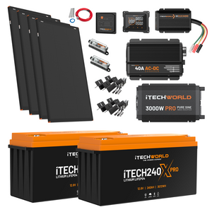 The Elite | Lithium Caravan Kit | 480Ah is a complete caravan power solution, including solar panels, lithium batteries, inverter, charge controller, cables, fuses, connectors, brackets, and monitoring equipment in one package.