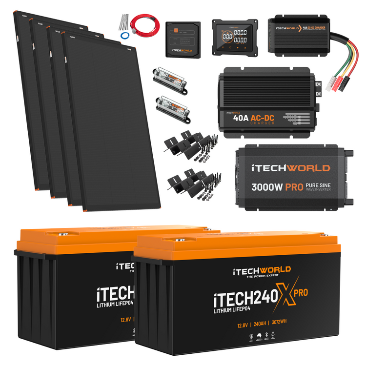 The Elite | Lithium Caravan Kit | 480Ah is a complete caravan power solution, including solar panels, lithium batteries, inverter, charge controller, cables, fuses, connectors, brackets, and monitoring equipment in one package.