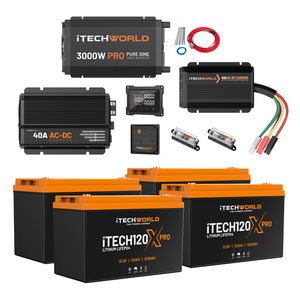 The Elite | Lithium Caravan Kit | 480Ah includes four lithium batteries, a 3000W inverter, a 40A AC-DC charger, DC-DC charger, fuses, cables, and a battery monitor—your ultimate caravan power solution.