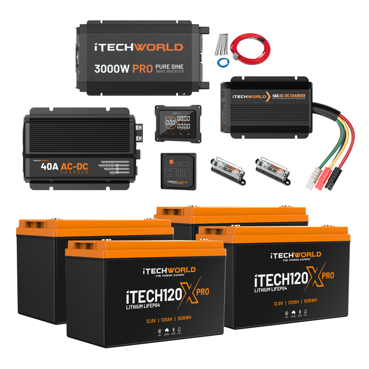 The Elite | Lithium Caravan Kit | 480Ah includes four lithium batteries, a 3000W inverter, a 40A AC-DC charger, DC-DC charger, fuses, cables, and a battery monitor—your ultimate caravan power solution.