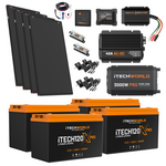 The Elite | Lithium Caravan Kit | 480Ah includes four solar panels, four iTECH120X Pro lithium batteries, a 3000W inverter, AC-DC charger, solar controller, cables, fuses, and mounting hardware—your all-in-one caravan power solution.