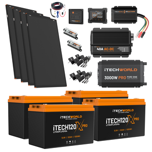 The Elite | Lithium Caravan Kit | 480Ah includes four solar panels, four iTECH120X Pro lithium batteries, a 3000W inverter, AC-DC charger, solar controller, cables, fuses, and mounting hardware—your all-in-one caravan power solution.