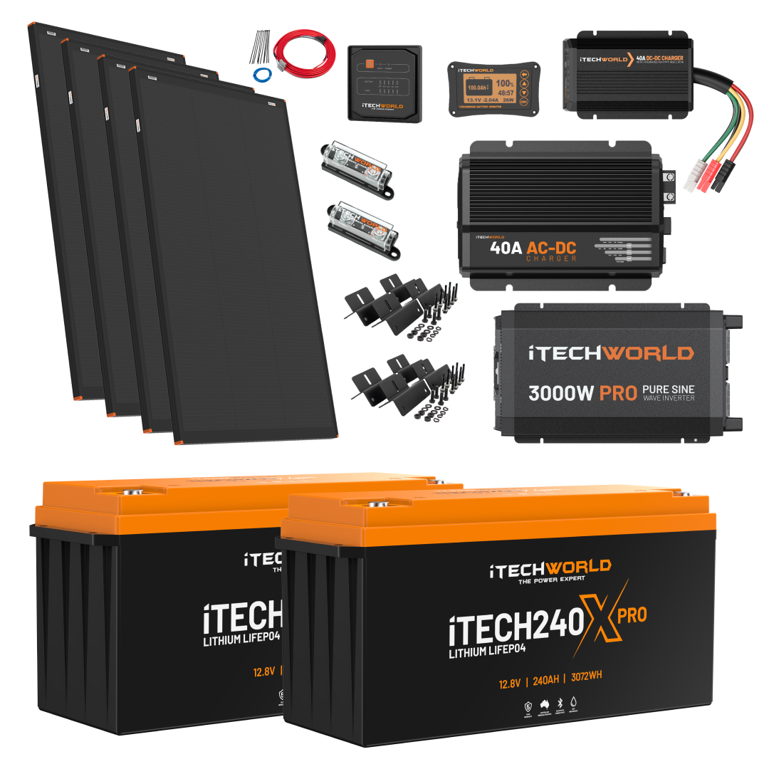 The Elite | Lithium Caravan Kit | 480Ah is a complete caravan power solution, including solar panels, lithium batteries, inverter, charge controller, cables, fuses, connectors, brackets, and monitoring equipment in one package.