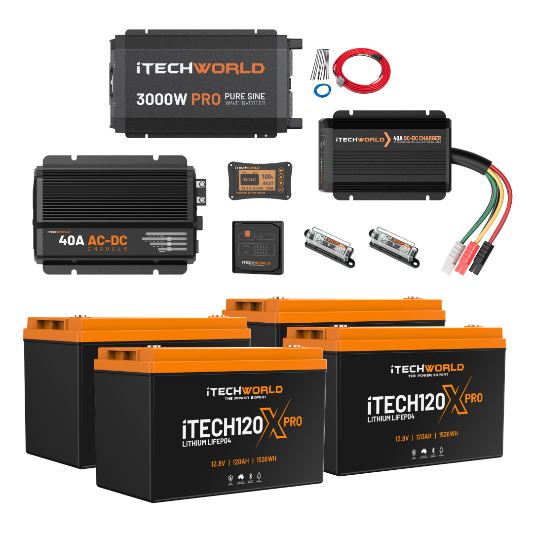 The Elite | Lithium Caravan Kit | 480Ah includes four lithium batteries, a 3000W inverter, a 40A AC-DC charger, DC-DC charger, fuses, cables, and a battery monitor—your ultimate caravan power solution.