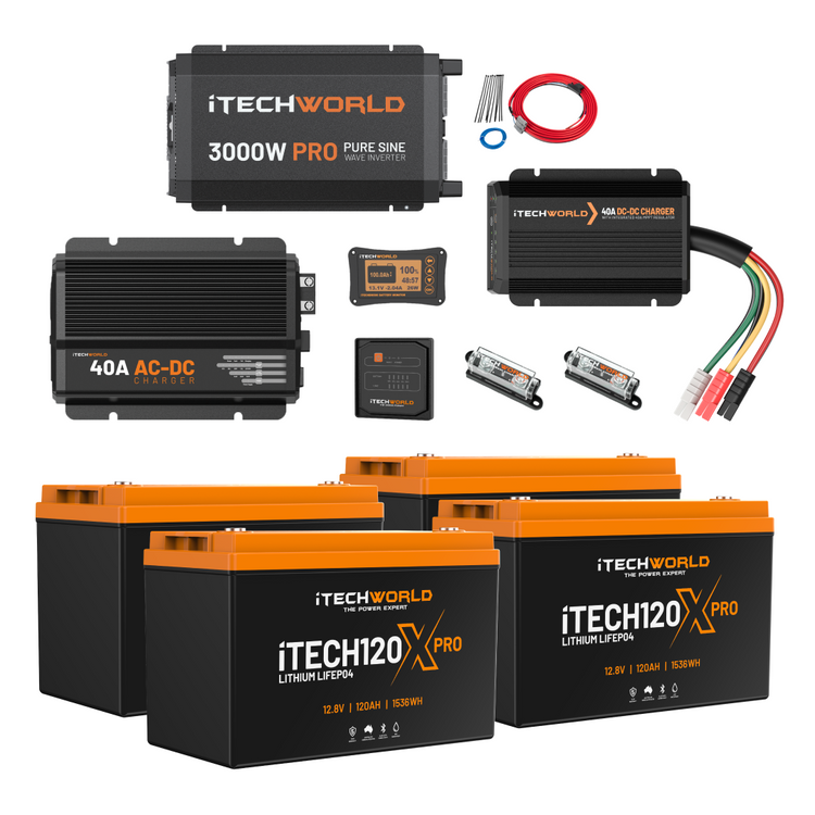 The Elite | Lithium Caravan Kit | 480Ah includes four lithium batteries, a 3000W inverter, a 40A AC-DC charger, DC-DC charger, fuses, cables, and a battery monitor—your ultimate caravan power solution.