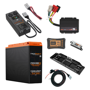 The iTechworld Premium Slimline 4WD Dual Battery Kit features a 100Ah lithium battery, control panels, wiring harnesses, connectors, and mounting accessories—all arranged on a white background.