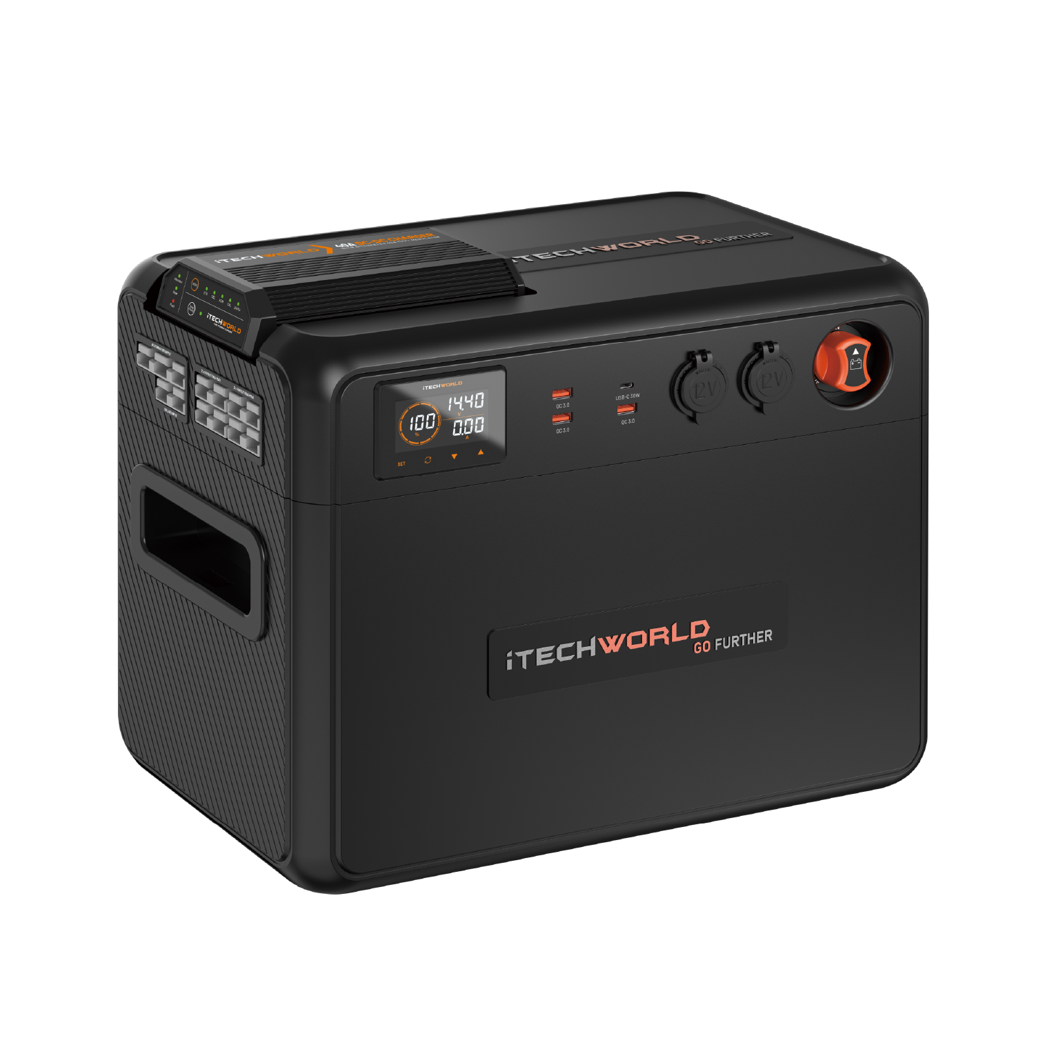 The iTechworld Premium GoFurther Dual Battery System is a black 100Ah LiFePO4 portable power station with a 40A DCDC charger, digital display, control buttons, power sockets, USB ports, side handles, and orange and white branding.