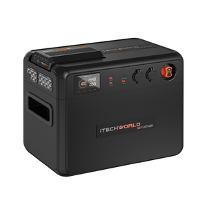 The iTechworld Premium GoFurther Dual Battery System is a black 100Ah LiFePO4 portable power station with a 40A DCDC charger, digital display, control buttons, power sockets, USB ports, side handles, and orange and white branding.