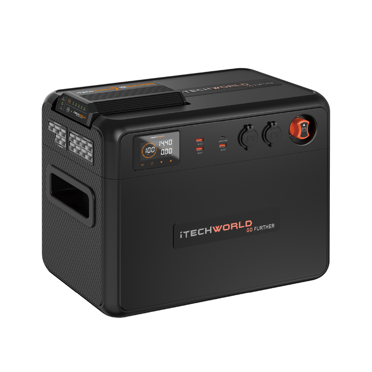 The iTechworld Premium GoFurther Dual Battery System is a black 100Ah LiFePO4 portable power station with a 40A DCDC charger, digital display, control buttons, power sockets, USB ports, side handles, and orange and white branding.