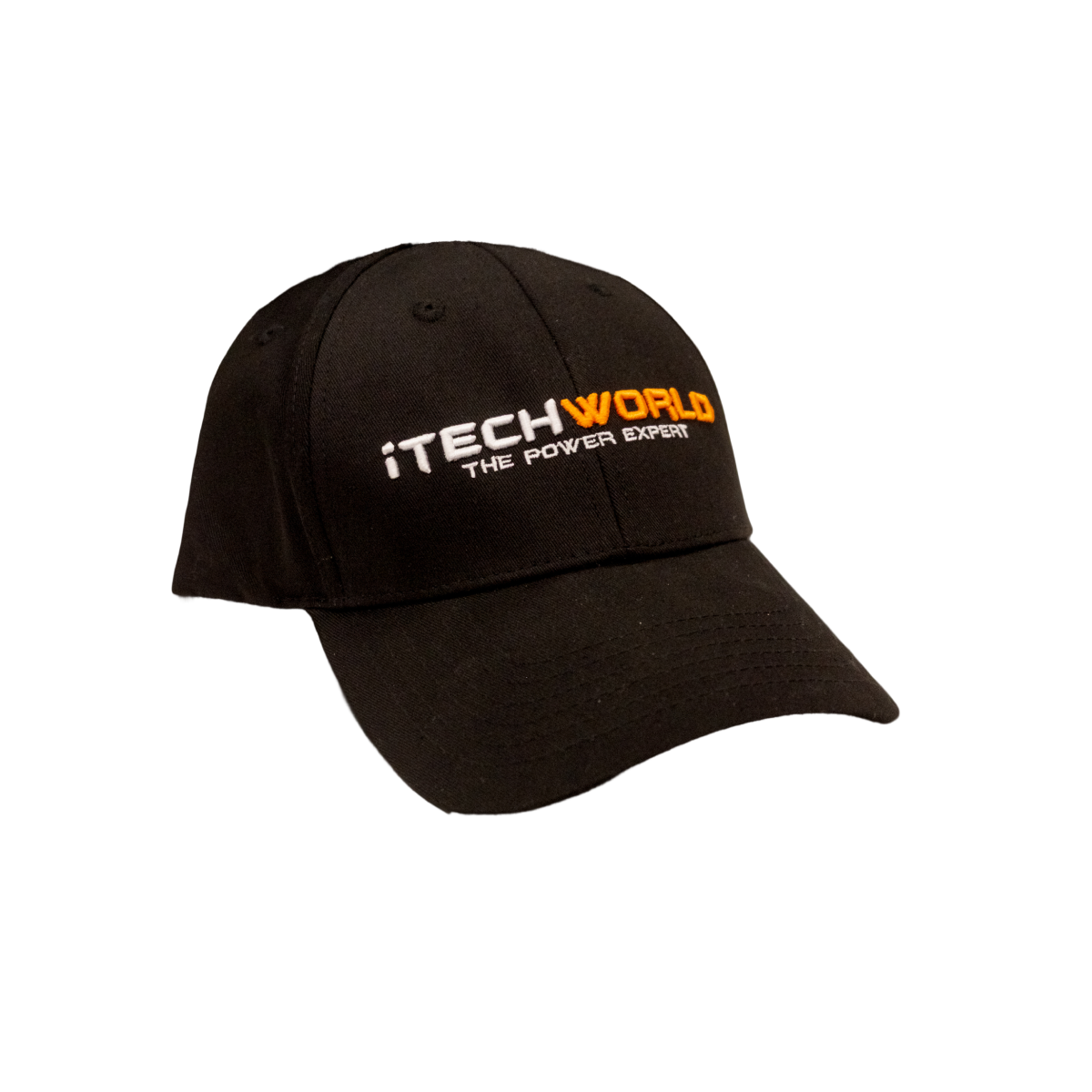 The iTechworld Hat is a black, breathable cotton cap featuring ITECHWORLD THE POWER EXPERT embroidered in white and orange on the front. This adjustable strap hat combines style and sun protection, shown here against a white background.